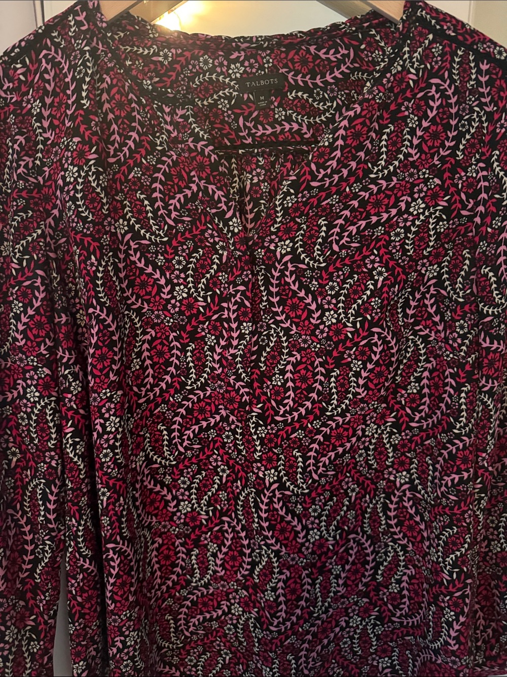 Talbots Black Blouse with Pink and White Vine Print